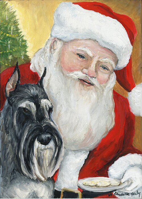 Dog Greeting Card featuring the painting Standard Schnauzer and Santa by Charlotte Yealey