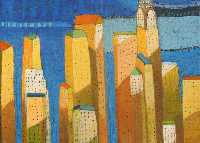 Modern Cityscape Painting Greeting Card featuring the painting Nyc Skyline With Blue by Habib Ayat