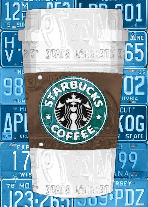 Starbucks Greeting Card featuring the mixed media Starbucks Coffee Cup Recycled Vintage License Plate Pop Art by Design Turnpike