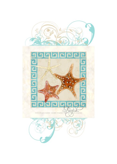 White Finger Starfish Greeting Card featuring the painting Starfish Greek Key Pattern w Swirls by Audrey Jeanne Roberts
