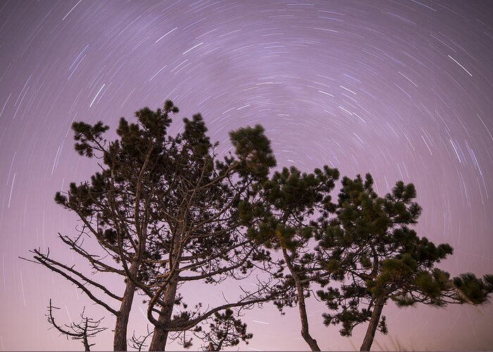Stars Greeting Card featuring the photograph Starry Vortex Long Exposure over Wingaersheek Beach Gloucester MA by Toby McGuire