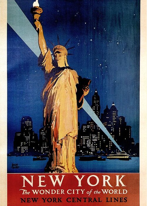 Statue Of Liberty Greeting Card featuring the painting Statue of Liberty at night - New York City Vintage Poster by Studio Grafiikka