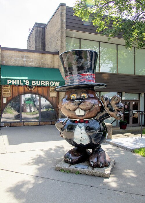 America Greeting Card featuring the photograph Statue of Punxsutawney Phil outside his Burrow by Karen Foley