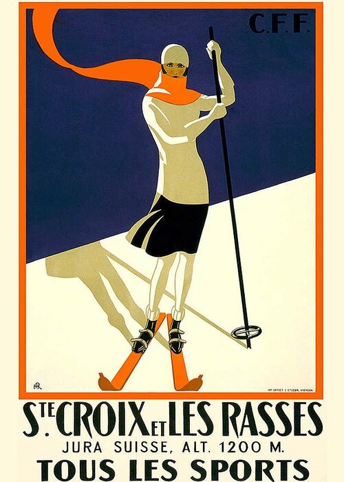 Woman Greeting Card featuring the mixed media Ste Croix et Les Rasses - Tous Les Sports - Retro travel Poster - Vintage Poster by Studio Grafiikka