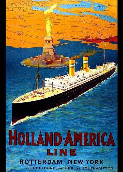 Ship Greeting Card featuring the painting Steamer ship with Statue of Liberty in backdrop - Vintage Travel Poster for Holland-America Line by Studio Grafiikka