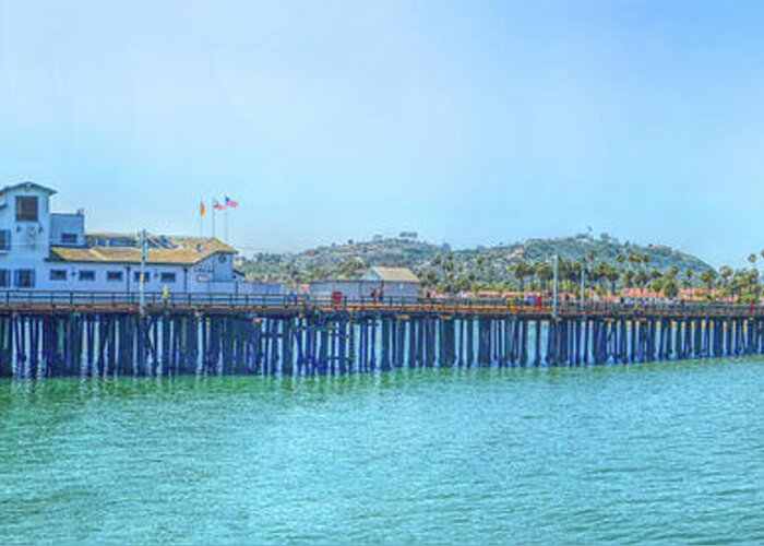 American Flag; California; Santa Barbara; Stearns Wharf; Beach; Blue; Green; Joe Lach; Pacific Ocean; Panorama; Panoramic; Pier Greeting Card featuring the photograph Stearns Wharf by Joe Lach