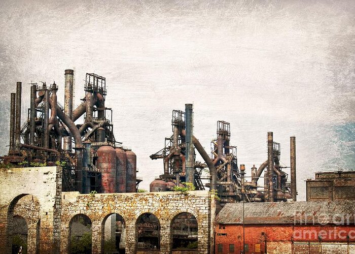 Steel Stacks Greeting Card featuring the photograph Steel Stacks by Beth Ferris Sale