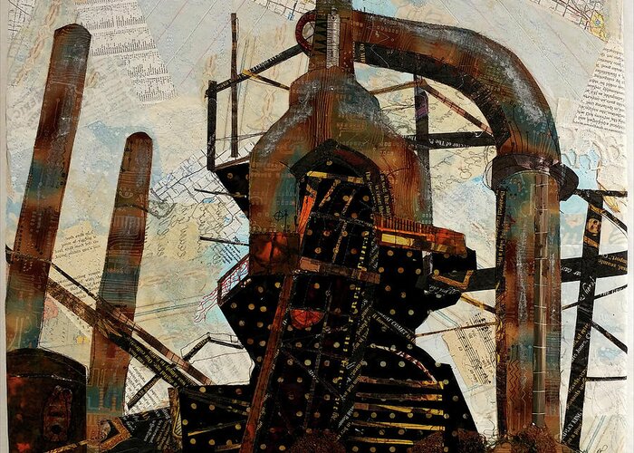 Art Quilt Greeting Card featuring the tapestry - textile Steel Stacks Squared by Martha Ressler