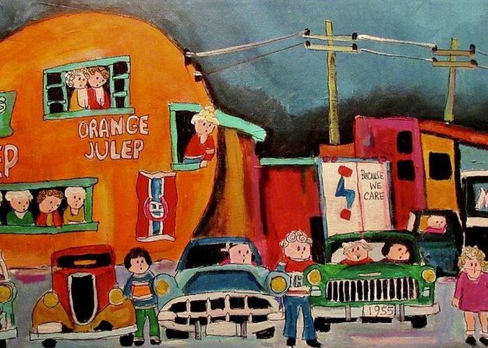 Orange Julep Greeting Card featuring the painting Steinberg's and Maislin at the Orange Julep by Michael Litvack
