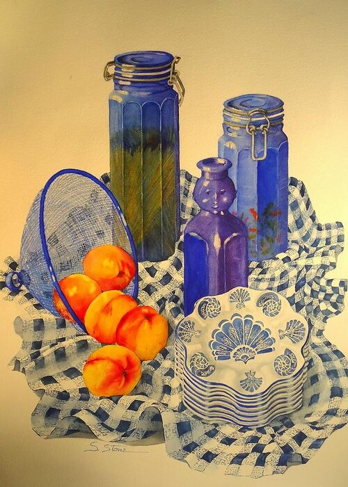 Still Life Greeting Card featuring the painting Still Life in Blue With Nectarines by Sandra Stone