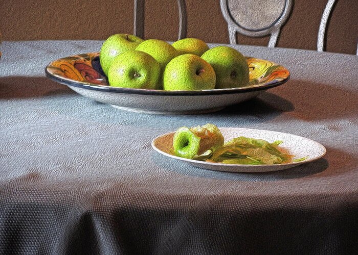 Food Greeting Card featuring the mixed media Still Life with Apples and Chair by Lynda Lehmann