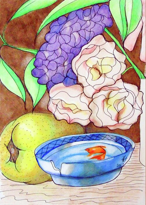 Fish Greeting Card featuring the drawing Still Life with fish by Loretta Nash