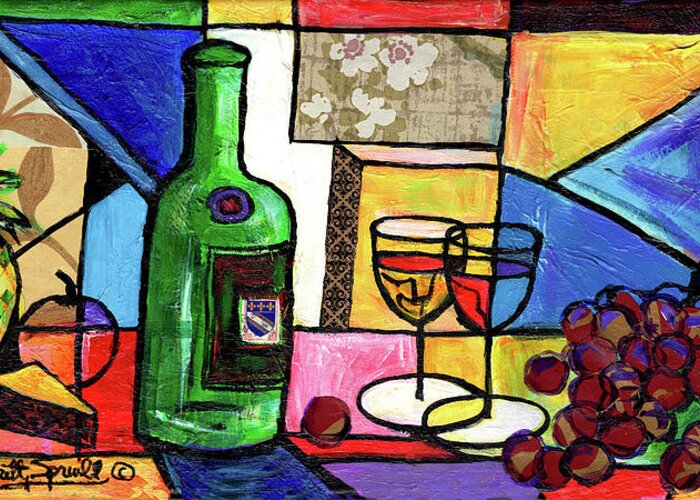 Abstract Art Greeting Card featuring the painting Still Life with Fruit and Wine #301 by Everett Spruill