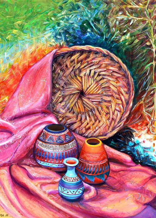 Pottery Greeting Card featuring the painting Still Life with Indian pottery by Yelena Rubin