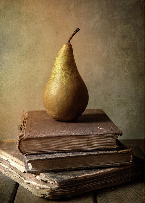 Book Greeting Card featuring the photograph Still life with old books and fresh pear by Jaroslaw Blaminsky