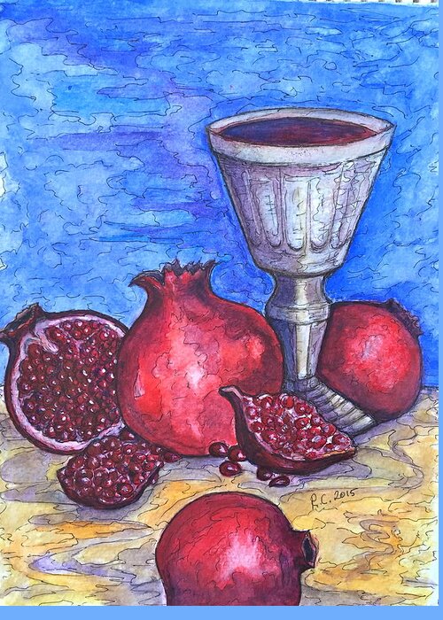 Original Copy Greeting Card featuring the painting Still Life with Pomegranate and Goblet 2 by Rae Chichilnitsky