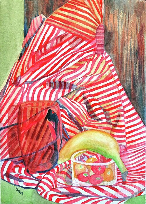 Banana Greeting Card featuring the painting Still Life with Stripes by Sandy McIntire