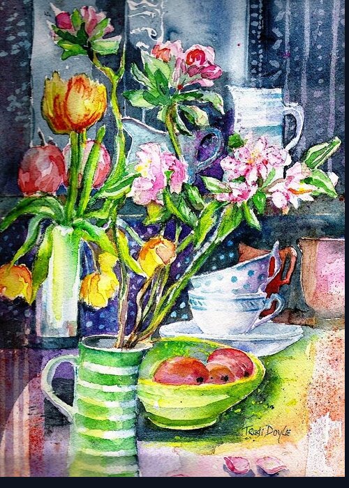 Still Life Greeting Card featuring the painting Still Life with Tulips and Apple Blossoms by Trudi Doyle