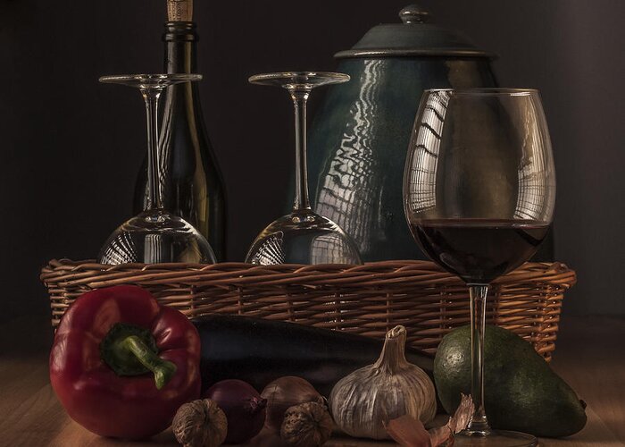 Still Life Greeting Card featuring the photograph Still Life with Vegetables and Glass of Wine by Julis Simo