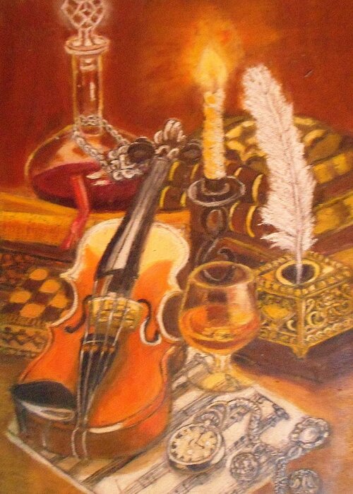 Still Life Greeting Card featuring the painting Still Life with Violin and Candle by Greta Gartner
