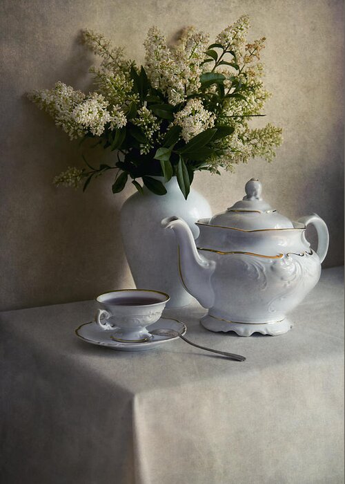 Still Life Greeting Card featuring the photograph Still life with white tea set and bouquet of white flowers by Jaroslaw Blaminsky