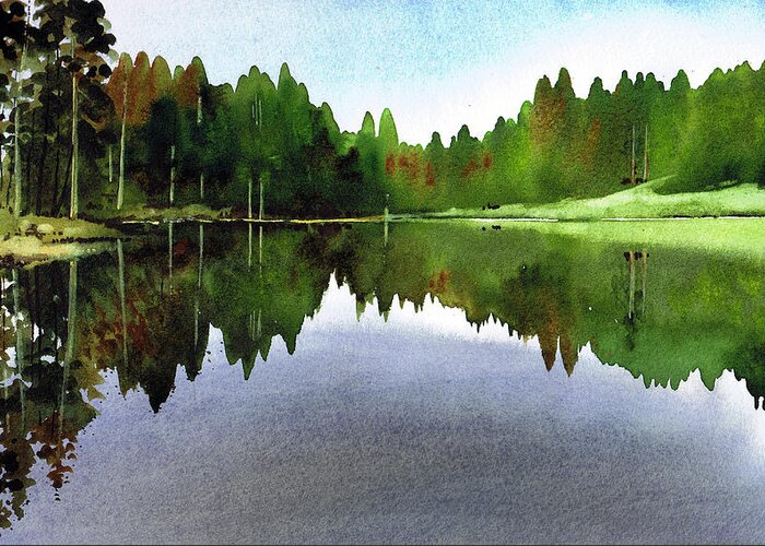 Watercolour Lanndscape Greeting Card featuring the painting Still Water Tarn Hows by Paul Dene Marlor