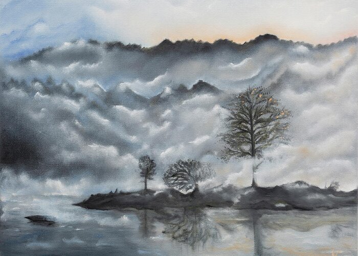 Lake Greeting Card featuring the painting Stillness by Neslihan Ergul Colley