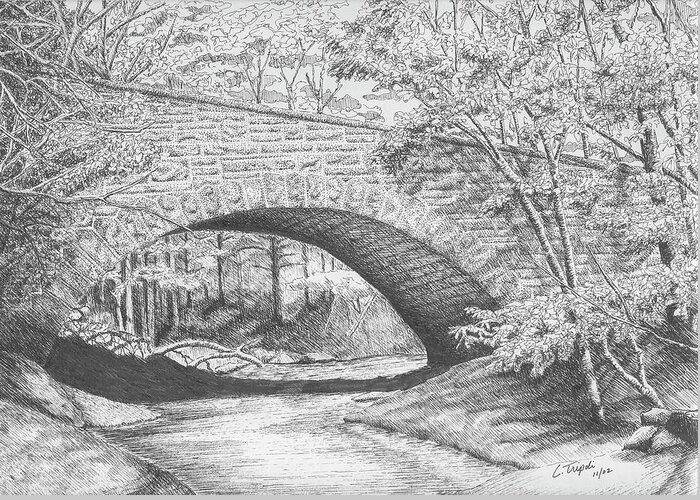 Landscape Greeting Card featuring the drawing Stone Bridge by Lawrence Tripoli