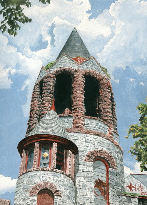Church Greeting Card featuring the painting Stone Church Bell Tower by Dominic White