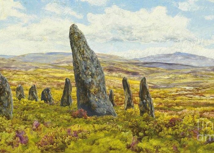 John Brett - Stone Circle On Dartmoor 1878.village Greeting Card featuring the painting Stone circle on Dartmoor by MotionAge Designs