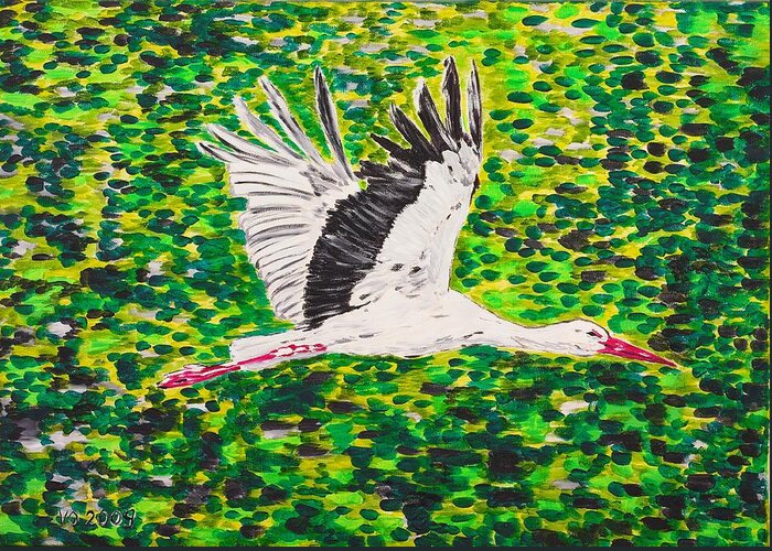 Stork Greeting Card featuring the painting Stork in Flight by Valerie Ornstein