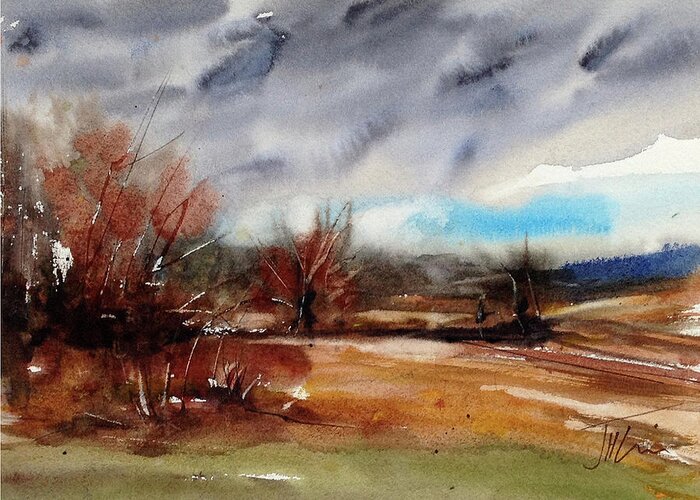 Watercololor Greeting Card featuring the painting Storm Clouds on the Lane by Judith Levins