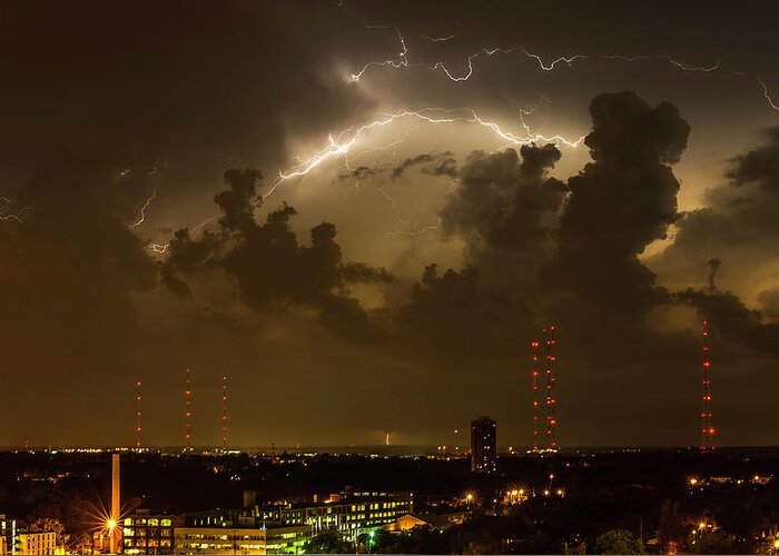 Lightening Greeting Card featuring the photograph Storm over Milwaukee #1 by John Roach
