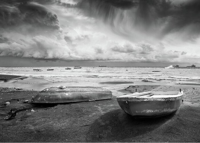 Michalakis Ppalis Greeting Card featuring the photograph Stormy sky sea and Boats by Michalakis Ppalis