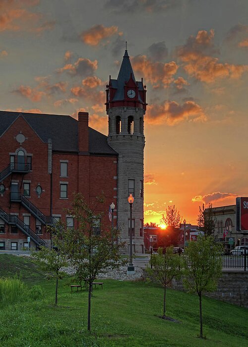 Stoughton Wi Opera House Architecture Historic Clock Tower Vertical Green Blue Yellow Greeting Card featuring the photograph Stoughton Opera House Clock Tower at Sunset by Peter Herman