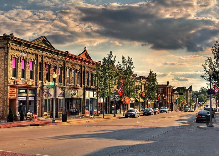 Stoughton Wi Wisconson Downtown Nostalgic Main Street Architecture Midwest Greeting Card featuring the photograph Stoughton WI - Downtown Americana by Peter Herman