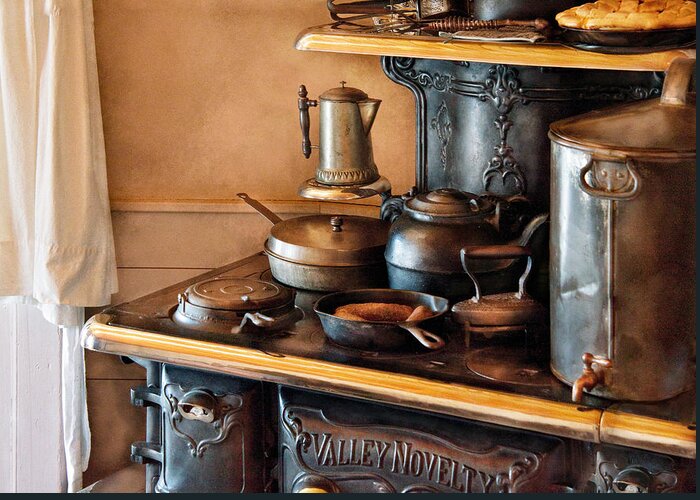 Kitchen Greeting Card featuring the photograph Stove - Breakfast at my Great Grandmothers by Mike Savad