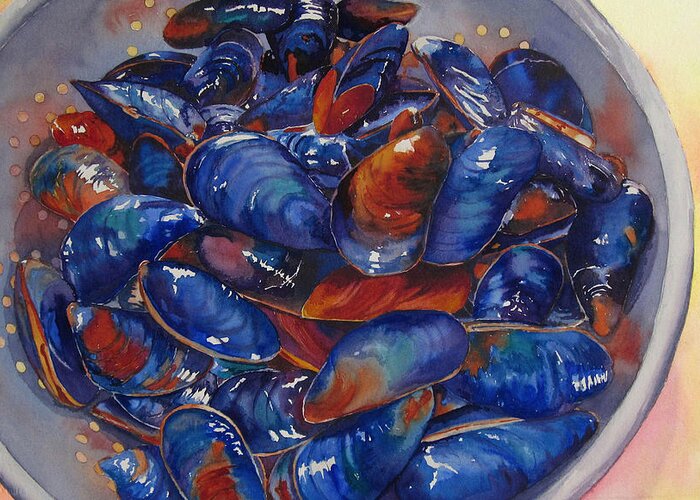 Mussels Greeting Card featuring the painting Strained Mussels by Judy Mercer