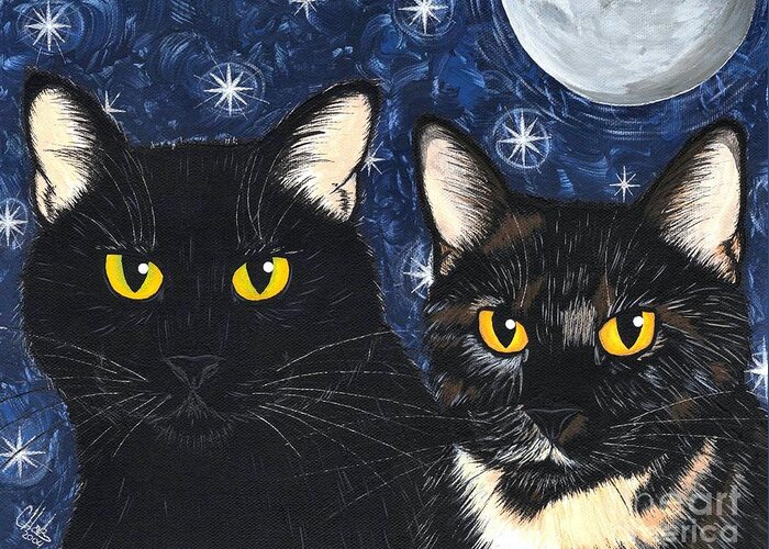 Black Cat Greeting Card featuring the painting Strangeling's Felines - Black Cat Tortie Cat by Carrie Hawks