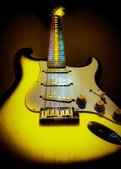 Guitar Greeting Card featuring the digital art Stratocaster Lemon Burst Glow Neck Series by Guitarwacky Fine Art