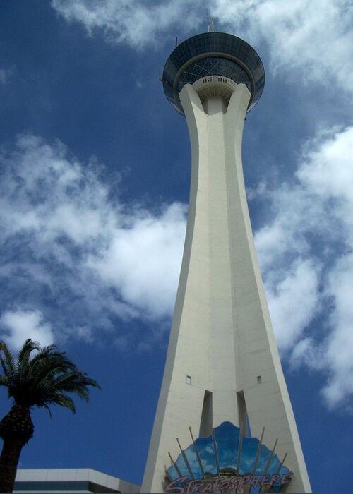 Stratosphere Tower Greeting Card featuring the photograph Stratosphere Tower by Anita Burgermeister