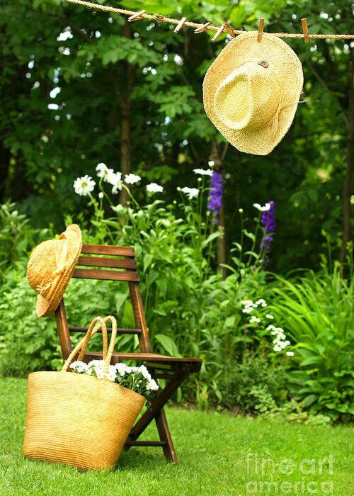 Breeze Greeting Card featuring the digital art Straw hat hanging on clothesline by Sandra Cunningham