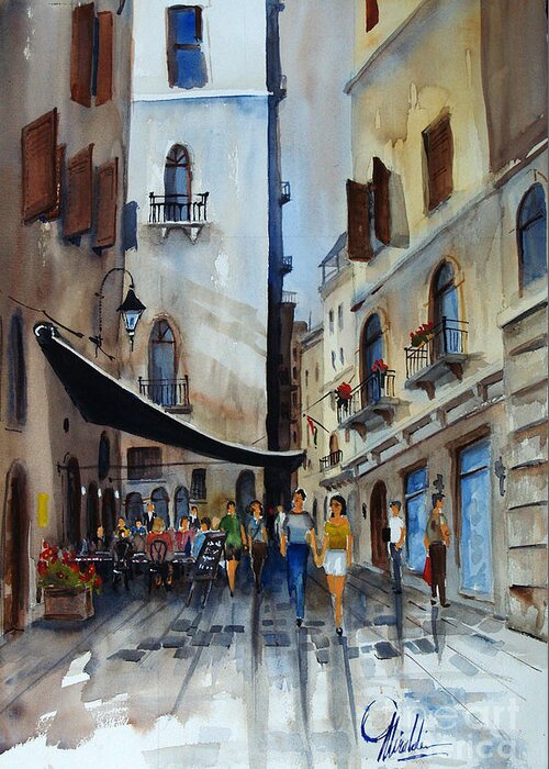 Italian Street Scene Greeting Card featuring the painting Taverna d' Strada by Gerald Miraldi