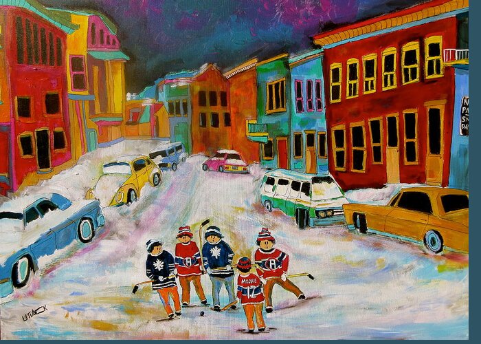 Street Hockey Greeting Card featuring the painting Street Hockey Montreal Memories by Michael Litvack
