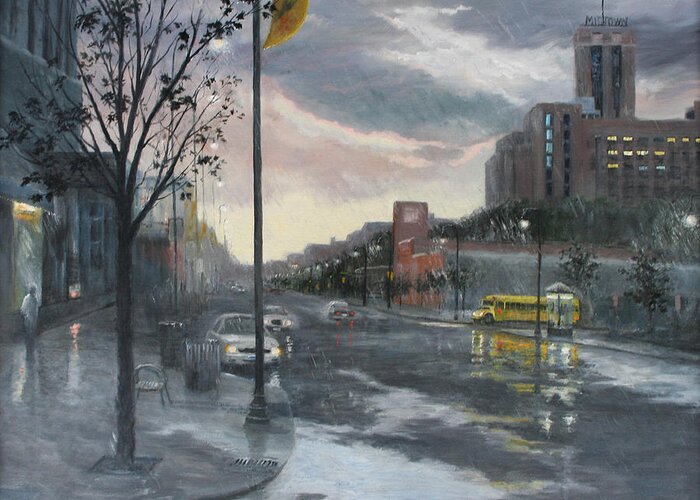 Urban Scene Greeting Card featuring the painting Street Lake by Holly Stone