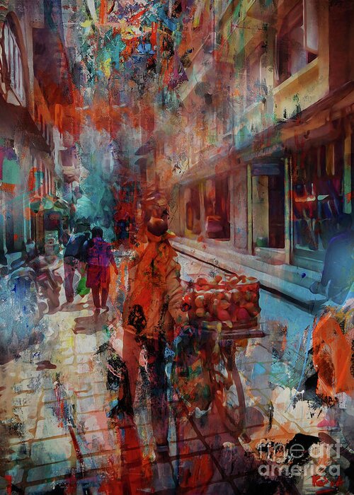 Grimshaw Greeting Card featuring the painting Street of Nepal colored by Gull G