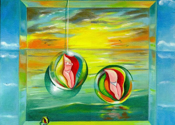 Surrealism Greeting Card featuring the painting Strollin Miami Beach at Sunset by Roger Calle