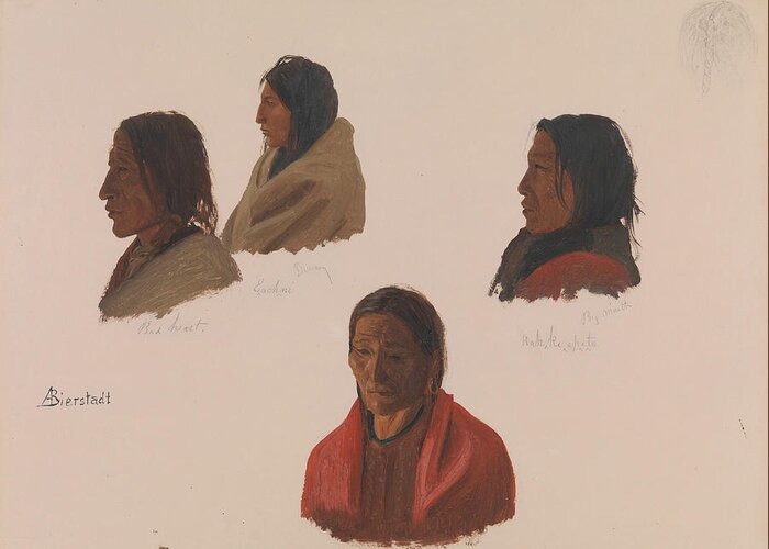 19th Century Art Greeting Card featuring the painting Studies of Indian Chiefs Made at Fort Laramie by Albert Bierstadt