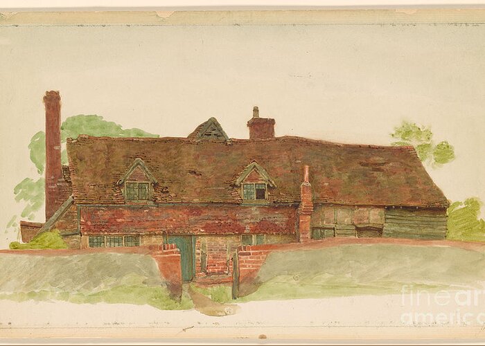 Kate Greenaway 1846-1901 Study Of A Long Cottage With Dormer Windows And Tiled Upper Wall. Beautiful House Greeting Card featuring the painting Study of a Long Cottage with Dormer Windows by MotionAge Designs