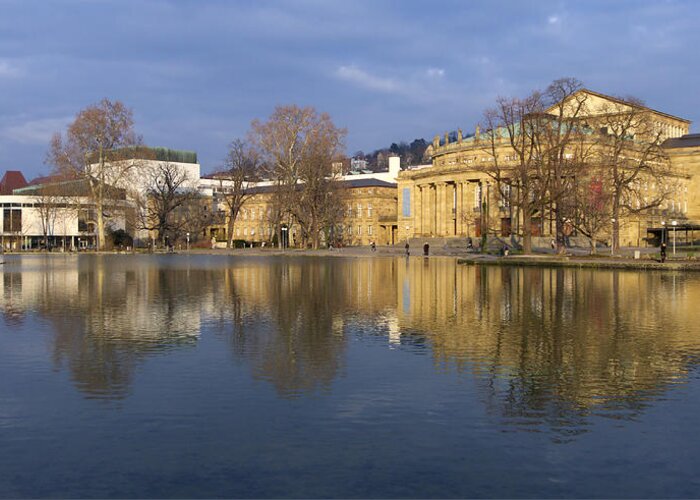 Reflection Greeting Card featuring the photograph Stuttgart State Theater beautiful reflection in blue water by Matthias Hauser